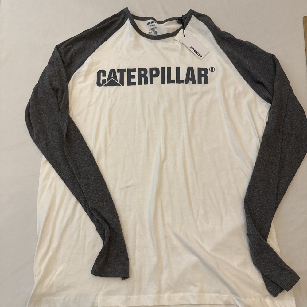 Caterpillar Cat Mens Long Sleeve Trademark Raglan Logo Tee Gray White XXL NWT